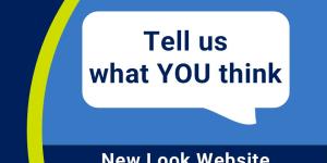 Speech bubble with the text "Tell us what you think" of the new look website
